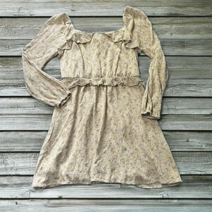Sadie & Sage Medium Floral Cottagecore Lined Mini Dress Cream Tan Gold Soft